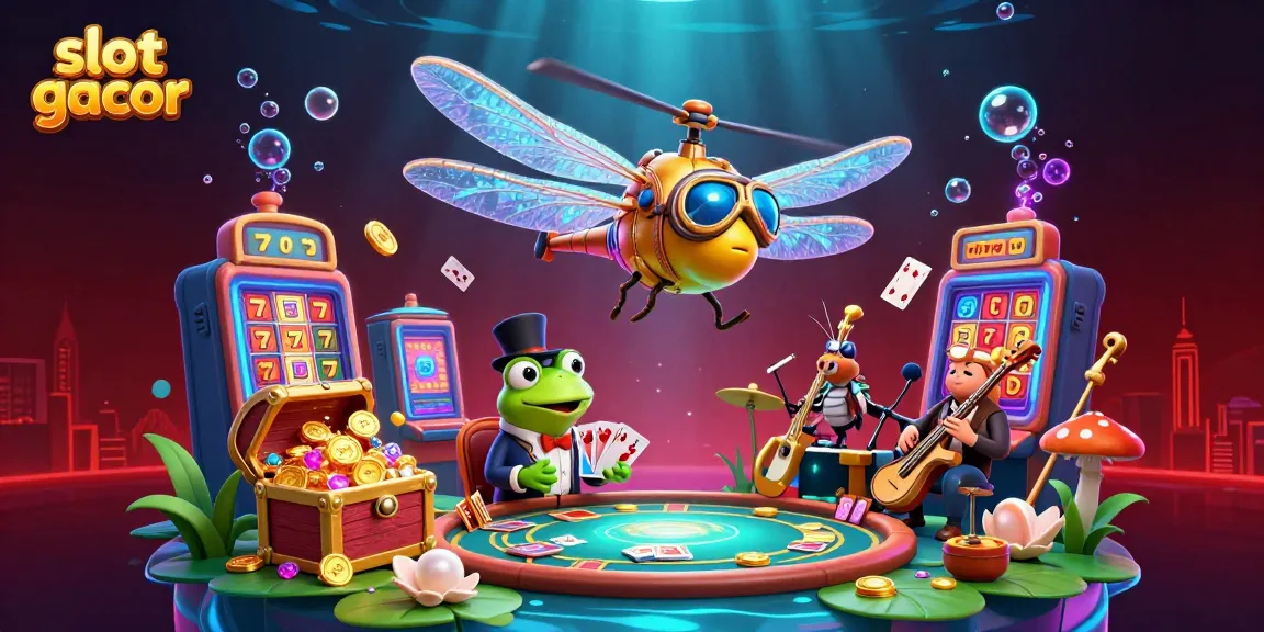 Experience the excitement of slot gacor with a dragonfly pilot at a lily pad casino, showcasing dynamic gambling action.