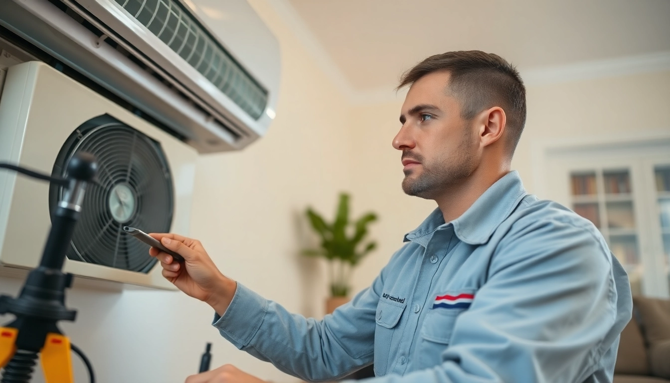 HVAC Repair Tampa expert diagnosing an air conditioning unit with tools in a home setting.