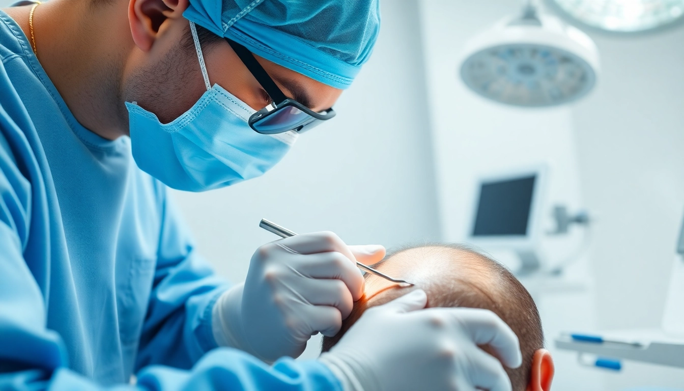 Surgeon skillfully conducts a hair transplant procedure in a professional setting.