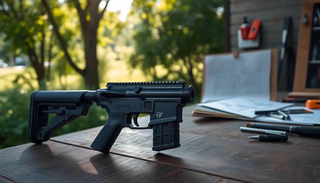 Showcase of an AR 10 trigger highlighting its intricate design and craftsmanship on a wooden table.