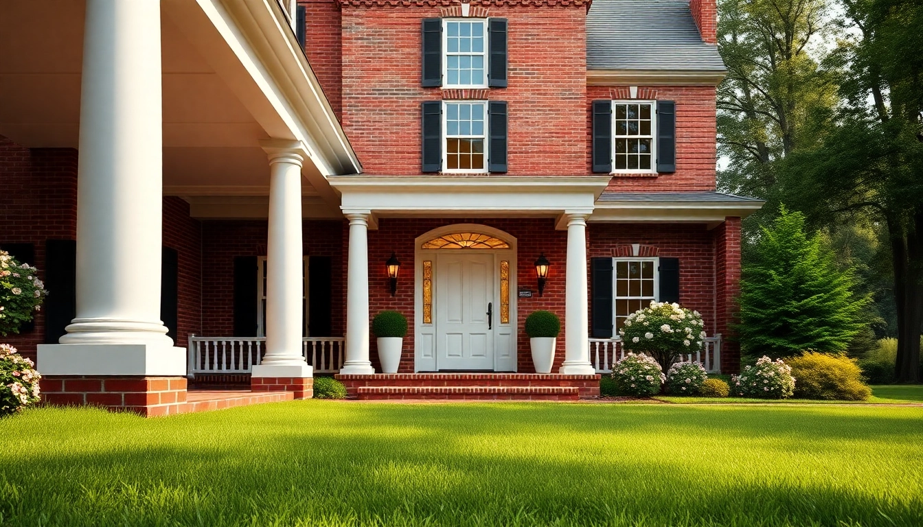 Elegant colonial home build showcasing classic architecture and lush garden landscape.