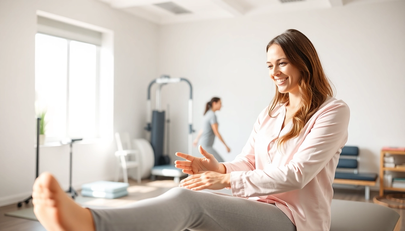 Engaging physical therapy marketing scene featuring a therapist assisting a patient in a bright clinic.