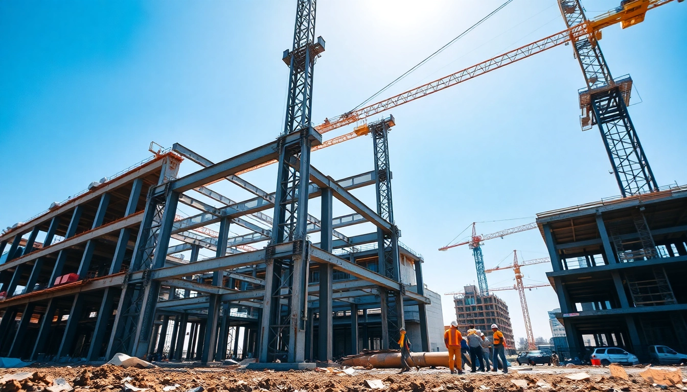Showcase of structural steel construction with workers collaborating on a bright construction site.