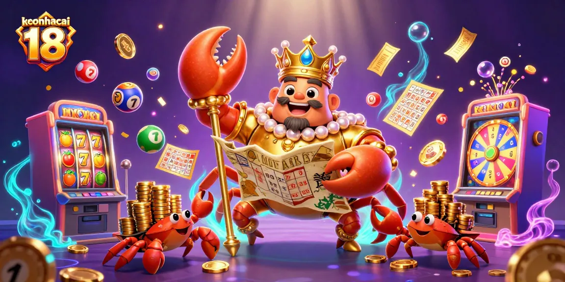 Engage with the vibrant action of keonhacai 18, featuring a golden crab emperor among lively slot machines and colorful elements.