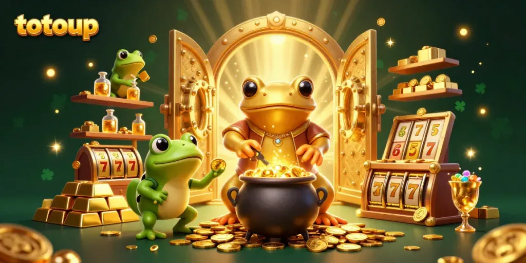 Experience thrilling slots with totoup under a vibrant treasure-filled scene featuring alchemists and gold!