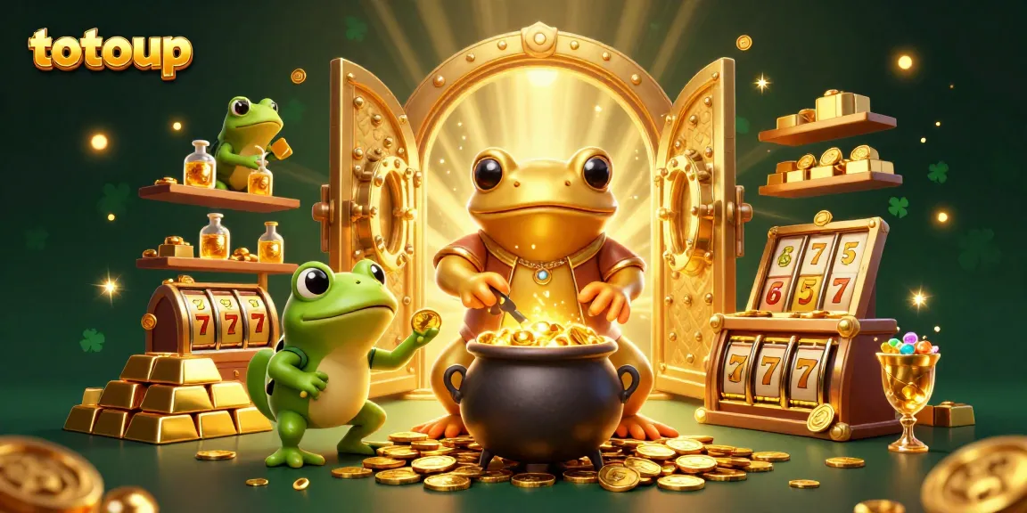 Experience thrilling slots with totoup under a vibrant treasure-filled scene featuring alchemists and gold!
