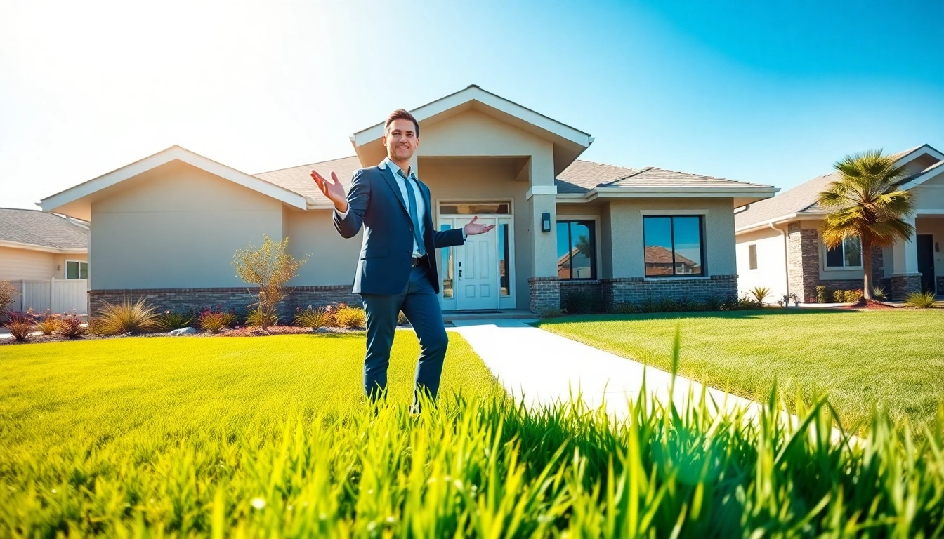 Highlighting a stunning modern home in a bright suburban setting with a real estate agent inviting potential buyers.