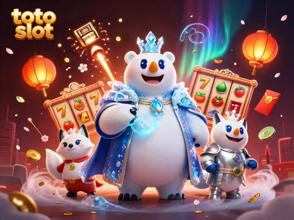 Spin the reels in thrilling toto slot adventures with a magical scene of a polar bear and fox.