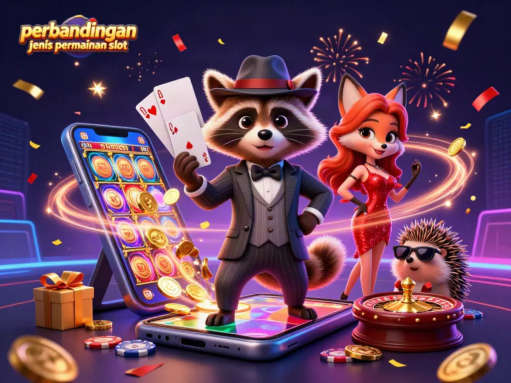 Permainan interaktif "perbandingan jenis permainan slot" dengan karakter kartun di kasino, menunjukkan kesenangan dan strategi judi.