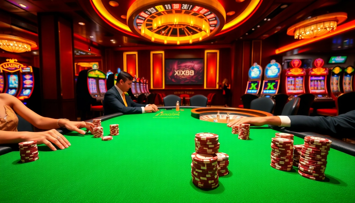 Exciting gaming scene at XX88 KJC showcasing vibrant poker table and slot machines.