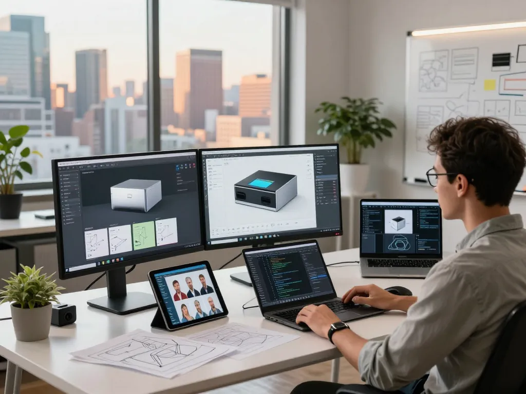3D product configurator software development in a modern workspace with vibrant designs on monitors.