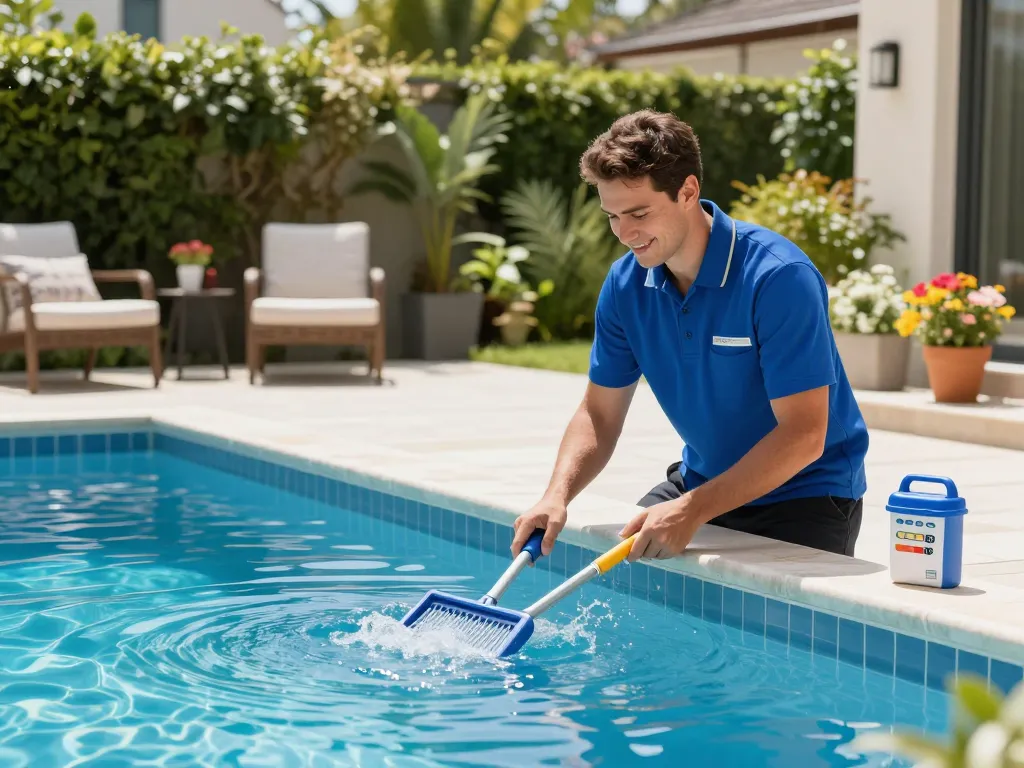 Dolphin Pool Services technician inspecting a pristine pool, showcasing care and expertise in a beautiful backyard setting.