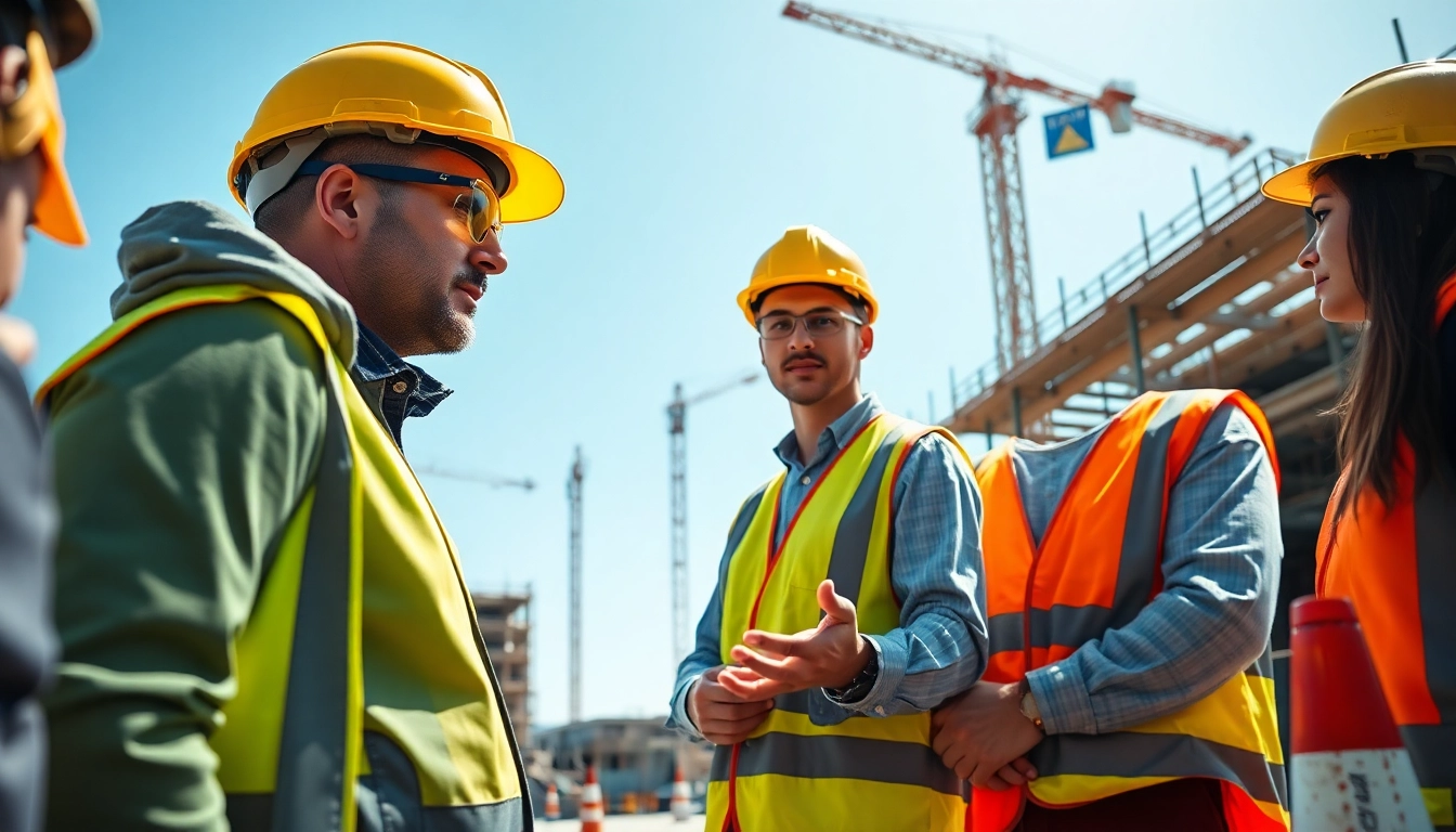 Construction safety programs in action as workers engage in safety practices on-site.