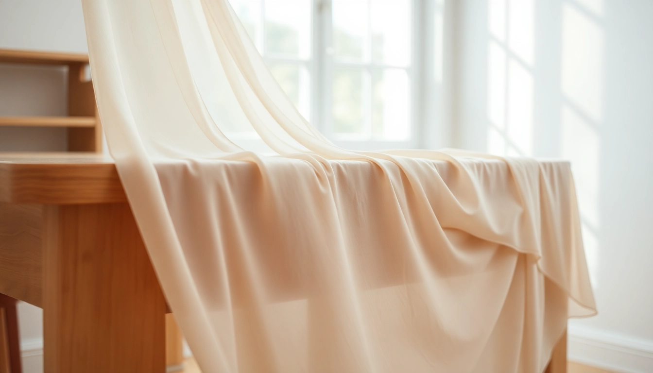 Chiffon stof elegant draperen op een tafel met een zachte, landelijke uitstraling.