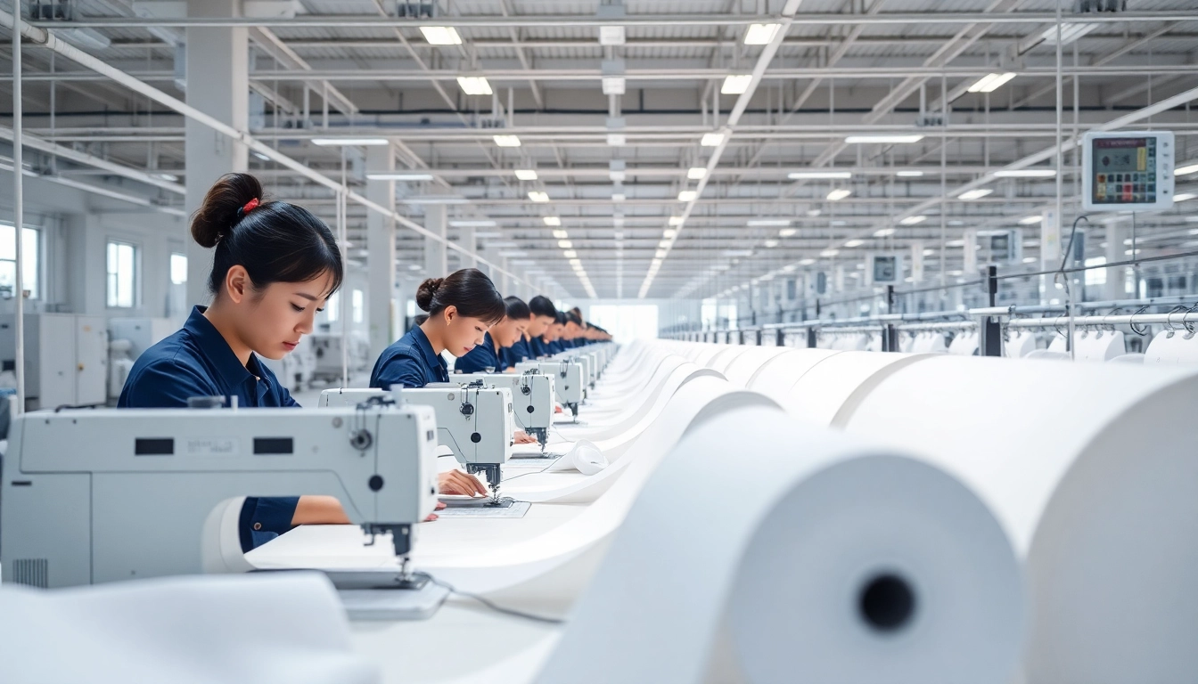 Apparel manufacturers in China collaborating on production, showcasing a modern factory environment.