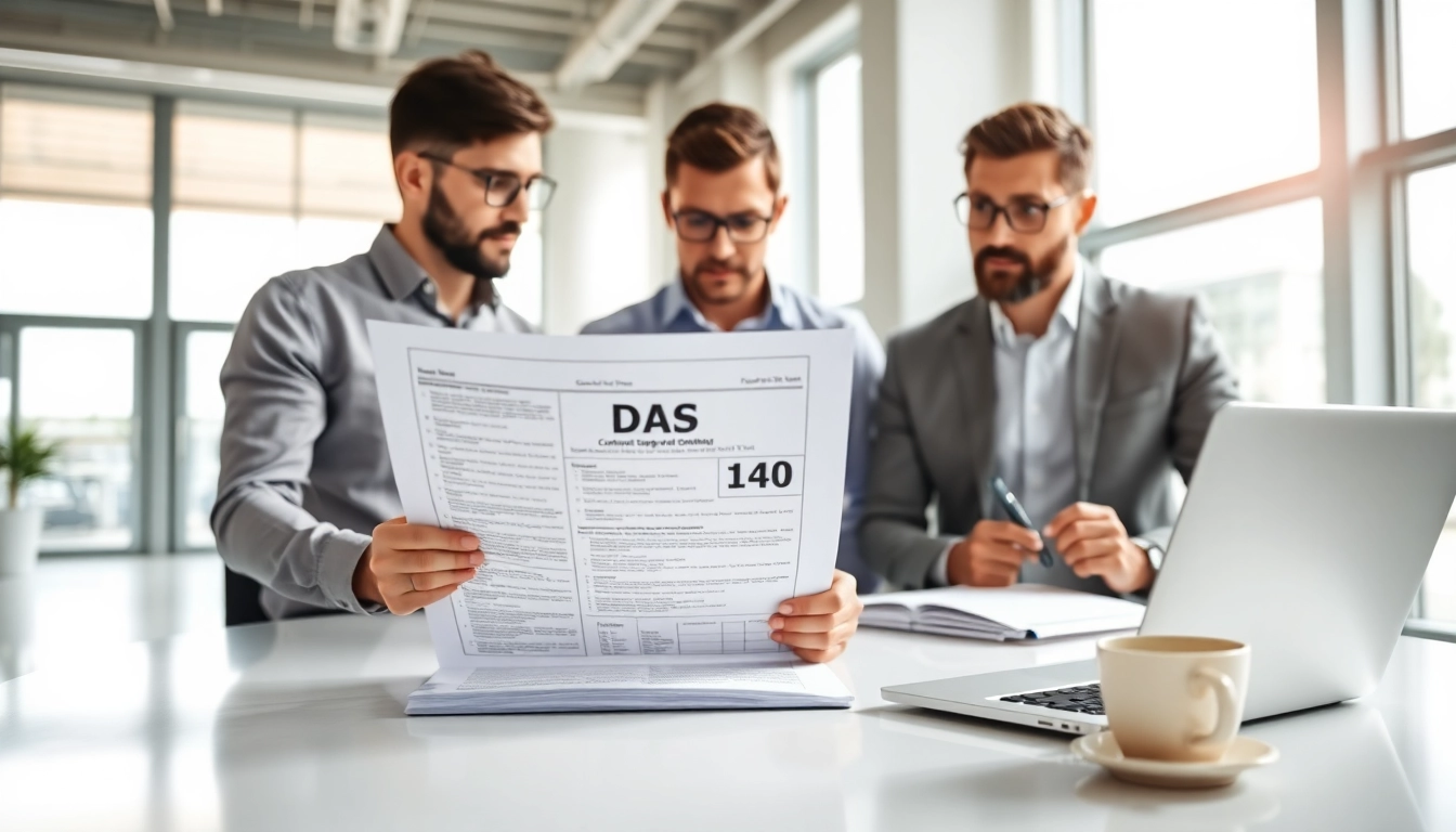 Contractors analyzing das 140 forms in a modern office environment with bright lighting.