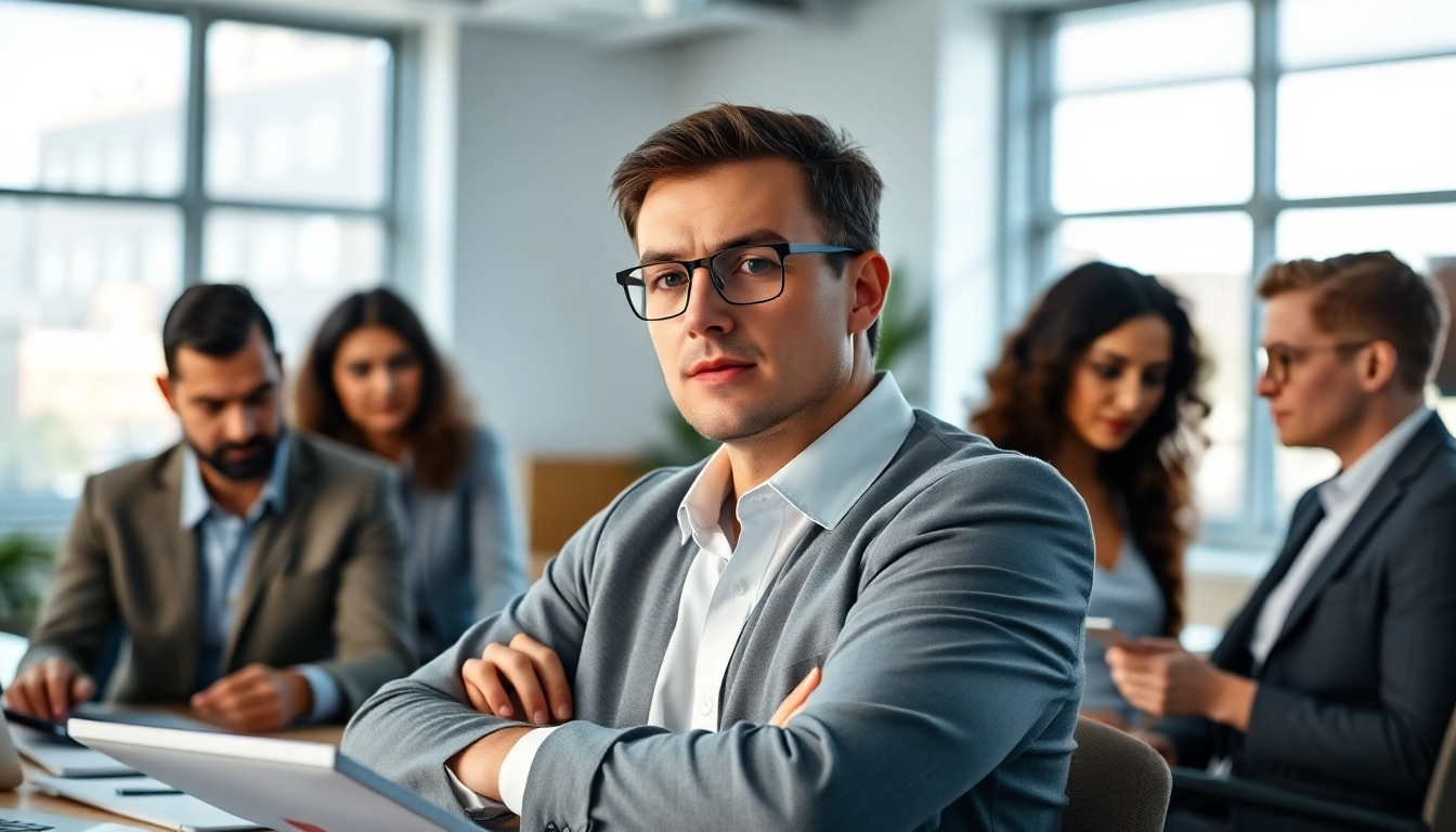 Crisis management consultant in a professional office setting engaging with team members.