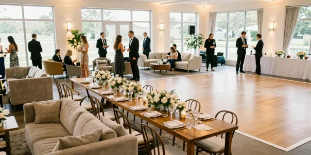 Event furniture rental showcased in a stunning wedding venue with elegant dining setups and lounge areas.