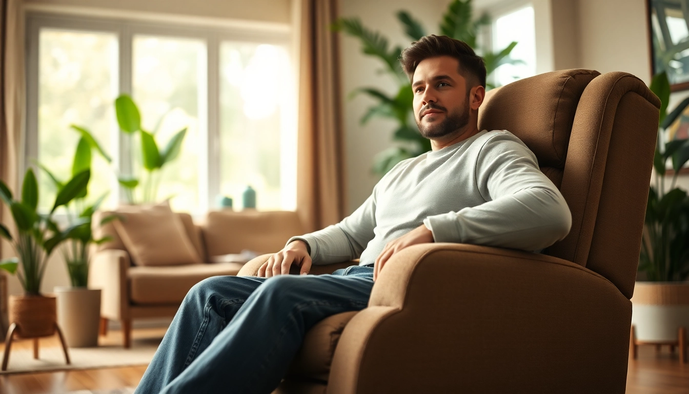 Tall person comfortably sitting in a lift chair designed for tall person in a cozy living room.