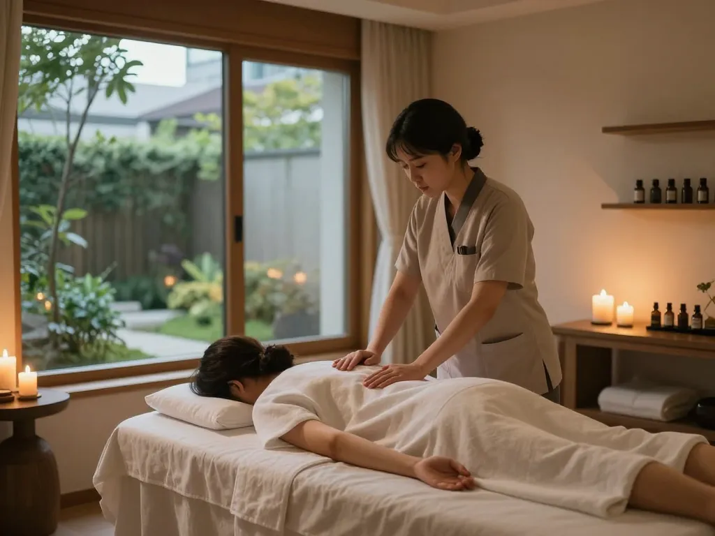 Revitalizing 신사동마사지 session in a tranquil spa setting with ambient lighting and calming decor.