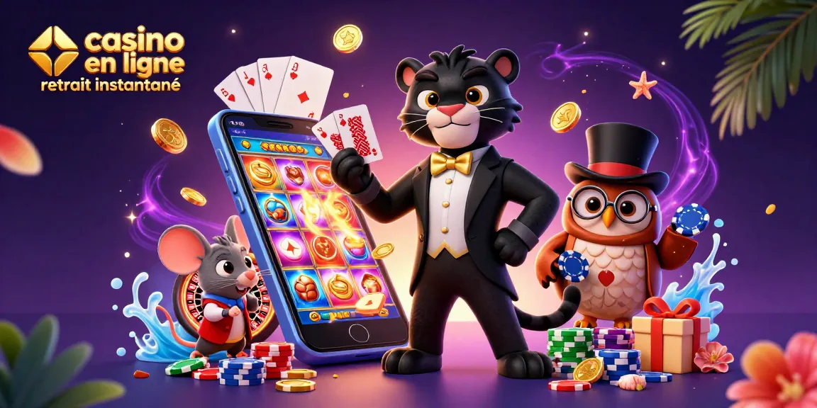 Illustration dynamique de casino en ligne retrait instantané avec un panthère, un hibou et une souris.