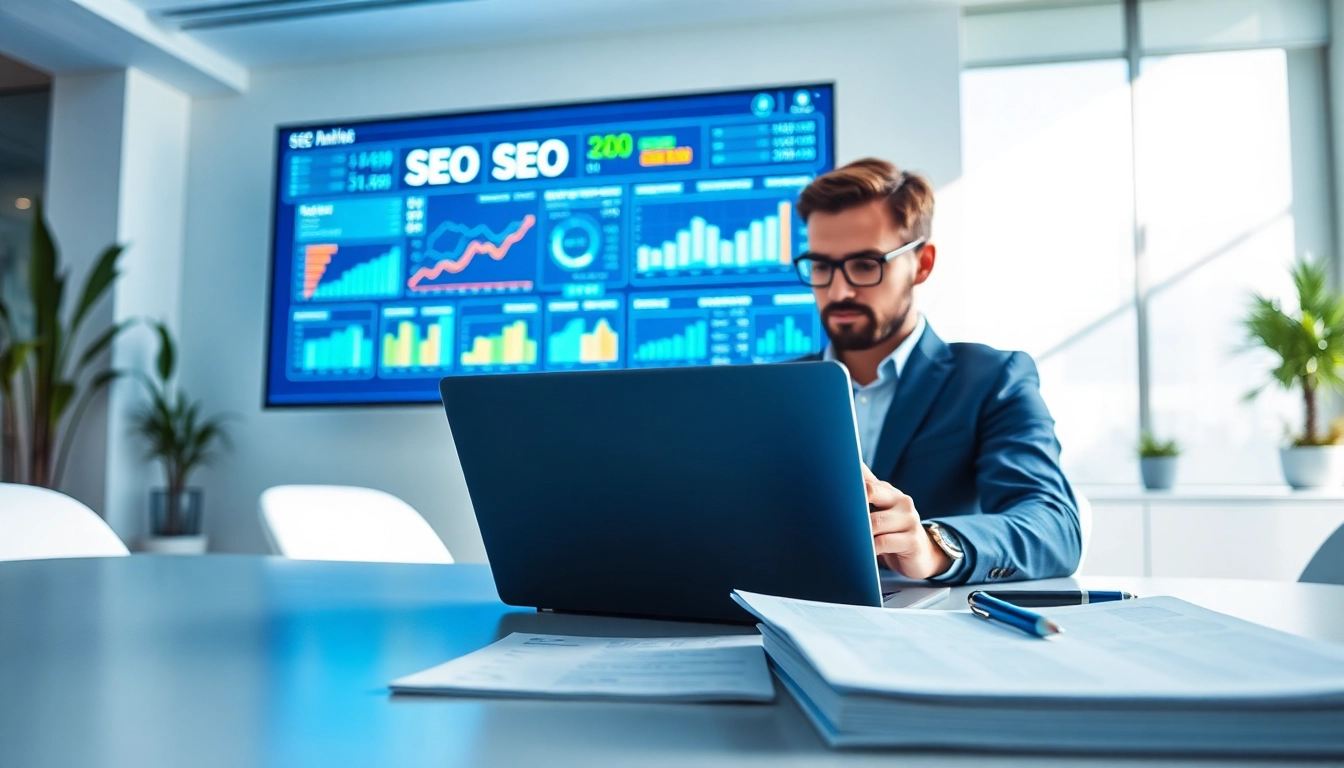 SEO Rank Tracker professional analyzing metrics in a modern office setup.
