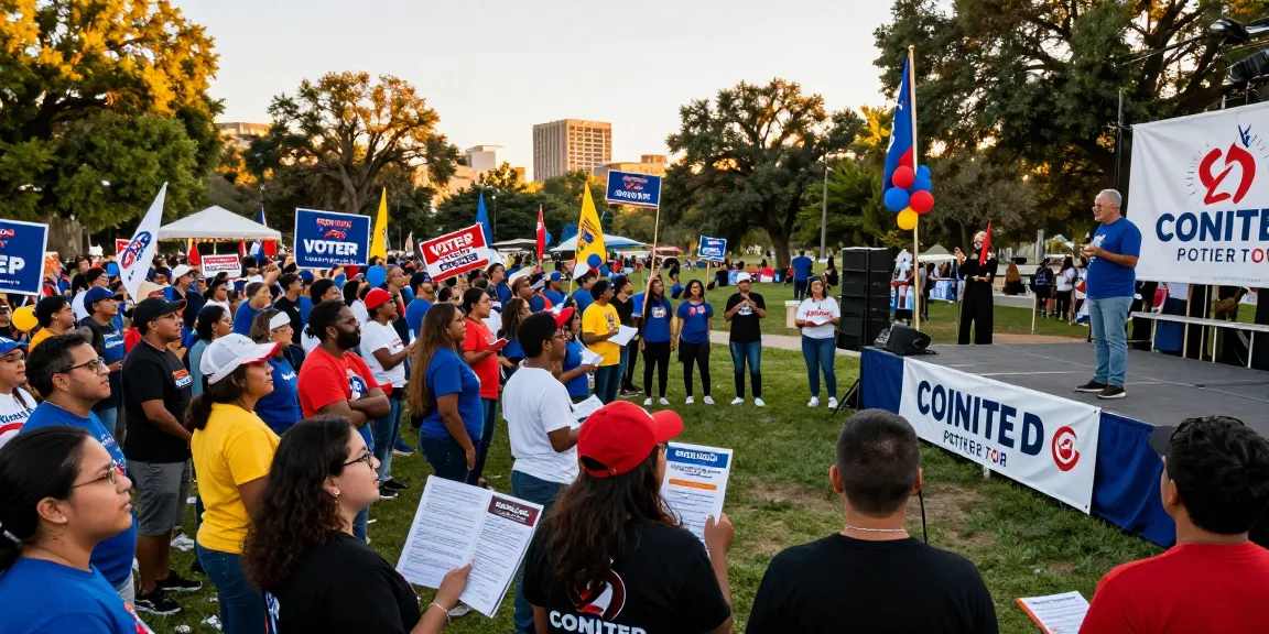 Radio advertising for political campaigns at a lively outdoor rally with engaging speaker and enthusiastic supporters