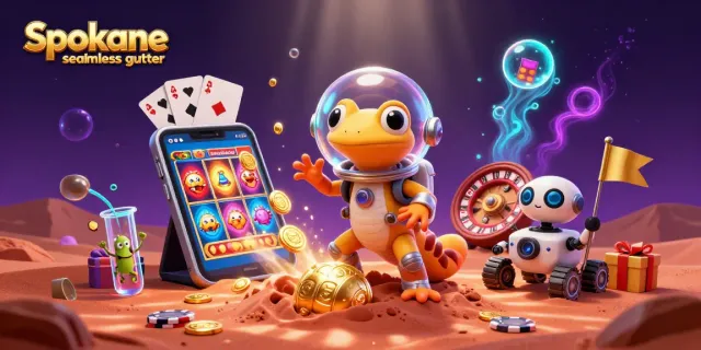 Engage in Spokane seamless gutter strategies with a vibrant and dynamic casino-themed illustration.