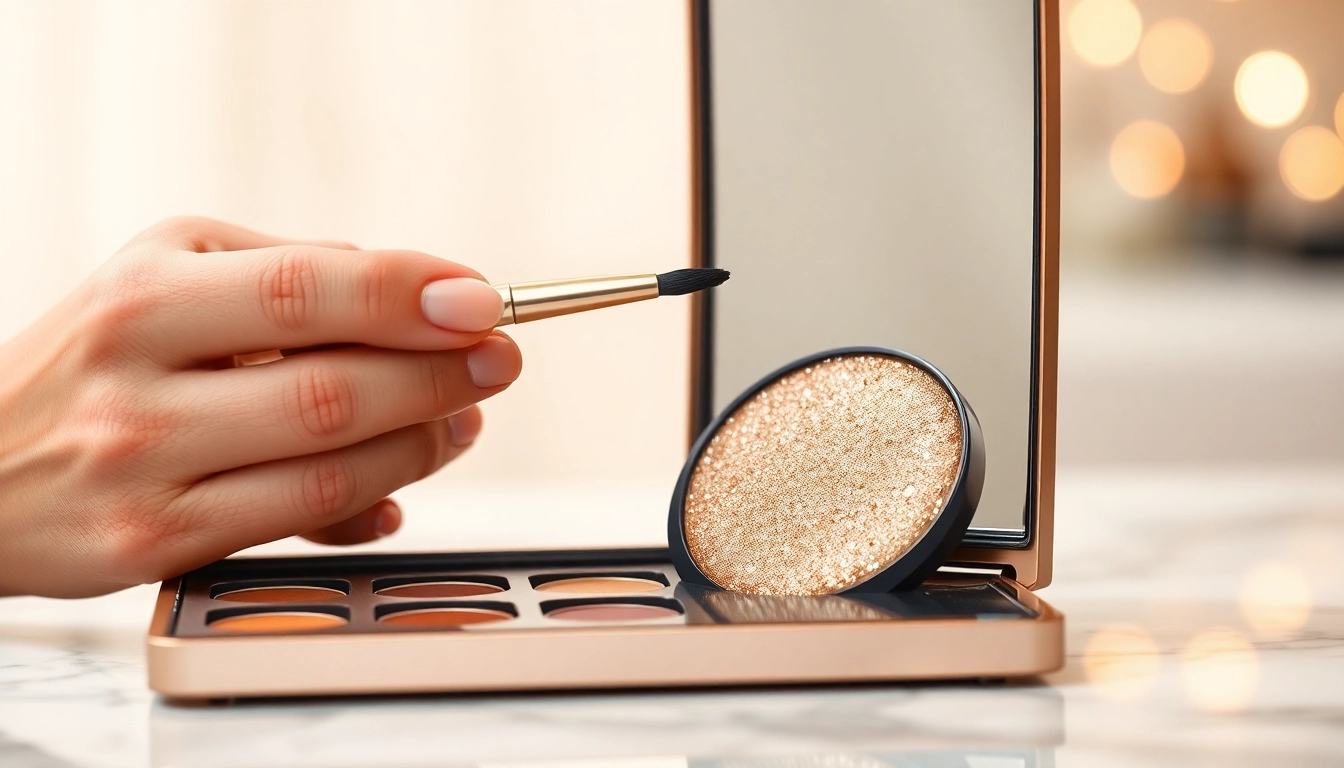 Applying champagne eyeshadow from a stunning palette for a radiant look.