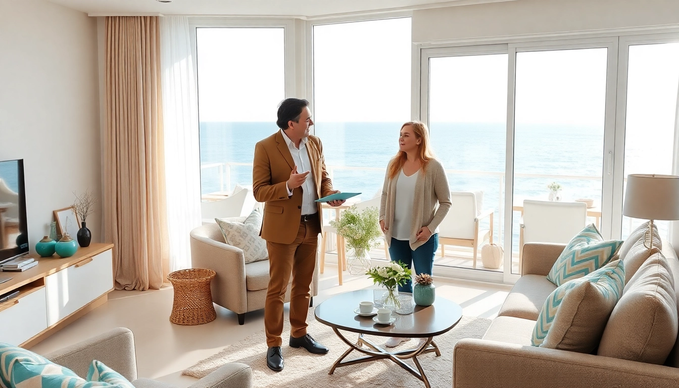 Couple looking to buy apartment in Alanya while consulting a real estate agent.