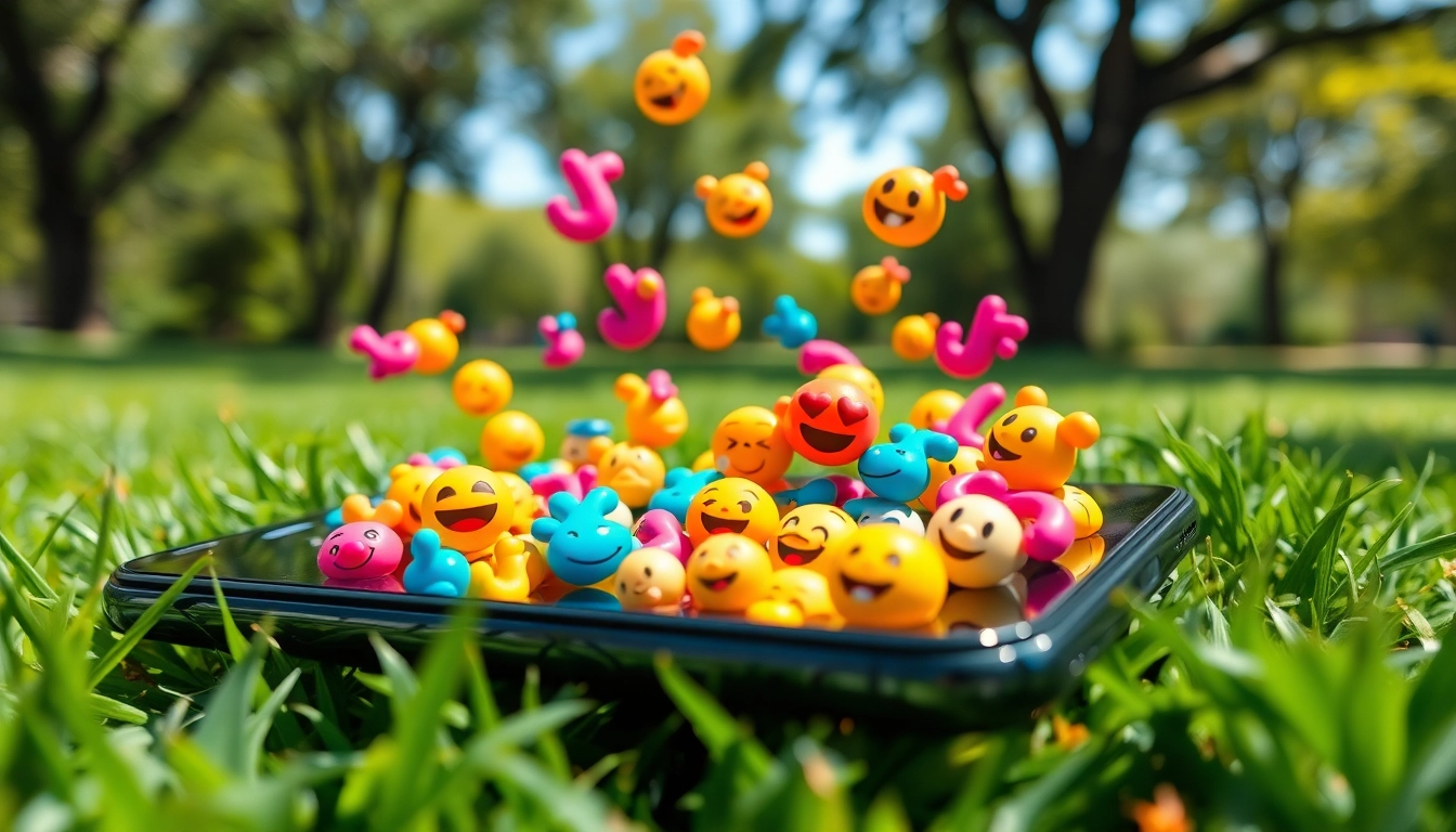 Showcase tiktok emojis vibrantly displayed around a smartphone in a sunny park setting.