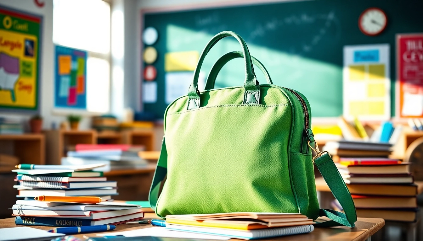 Handytasche Schule auf einem Schreibtisch mit Schulmaterialien, ideal für den Schulalltag.