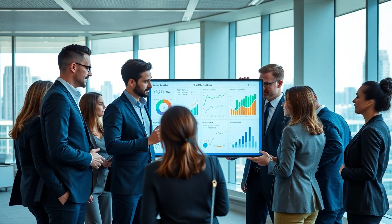 Team collaborating on competitive intelligence insights with data visualizations in a modern office.