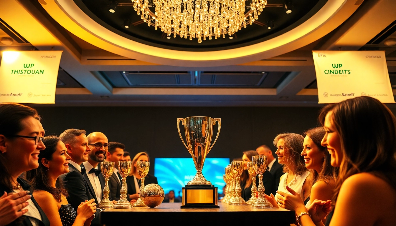 Celebrating construction awards at a prestigious ceremony, showcasing trophies and engaged attendees.