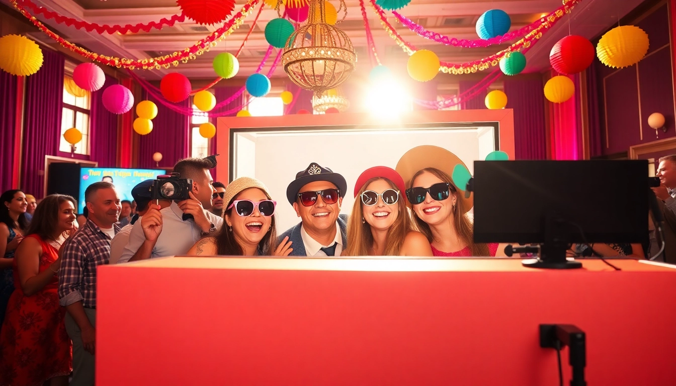 Guests enjoying a photo booth Chicago experience with colorful props and a festive atmosphere.