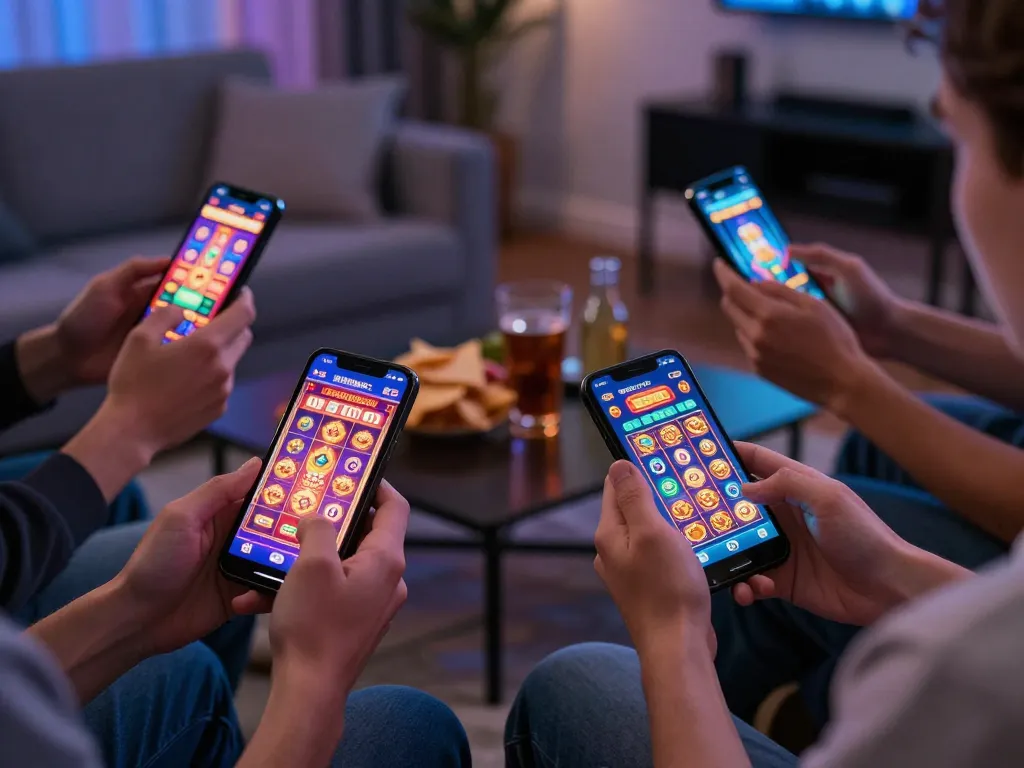Players enjoying situs slot gacor on mobile devices in a cozy home setting.