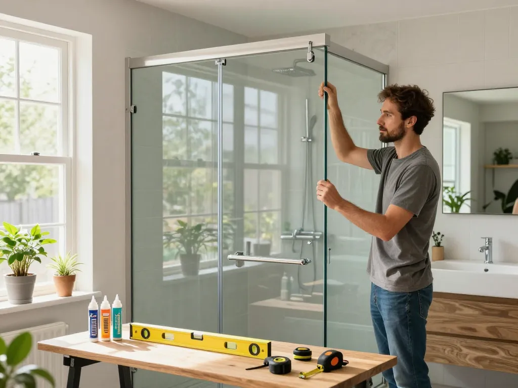 Custom glass shower door installation by Top Notch Custom Glass in bright home bathroom.
