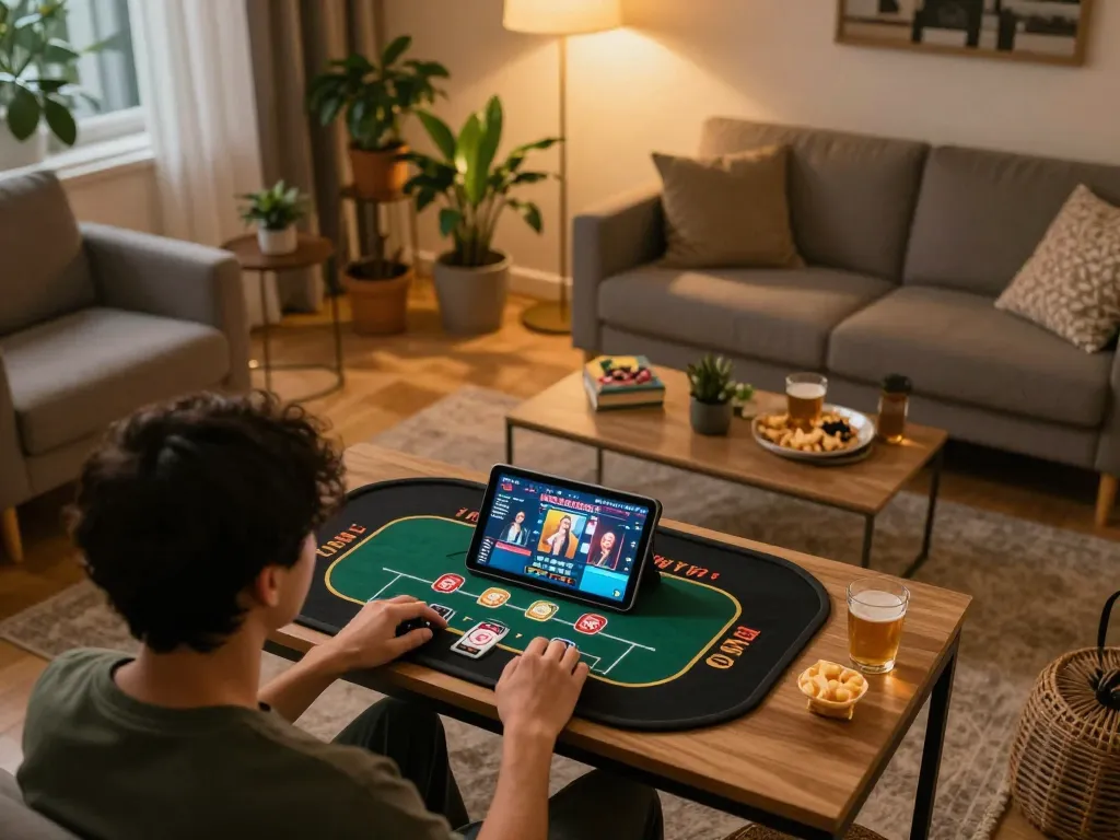 Engaged player actively using mm88.blog on a tablet for online poker, in a cozy home setting.