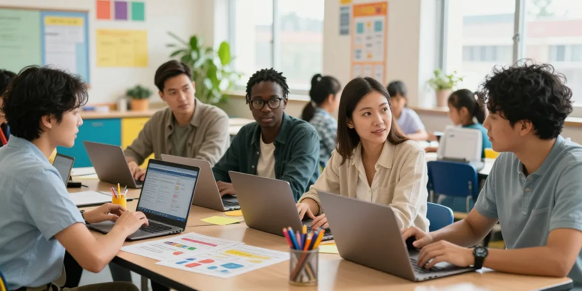 Teachers using EMStudio, an online teacher planner, in a colorful classroom to enhance lesson planning and classroom management.