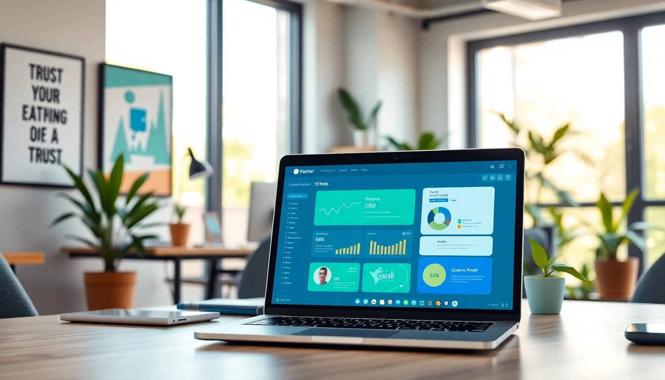 Visualize a vibrant workspace with a cheap smm panel interface on a laptop.