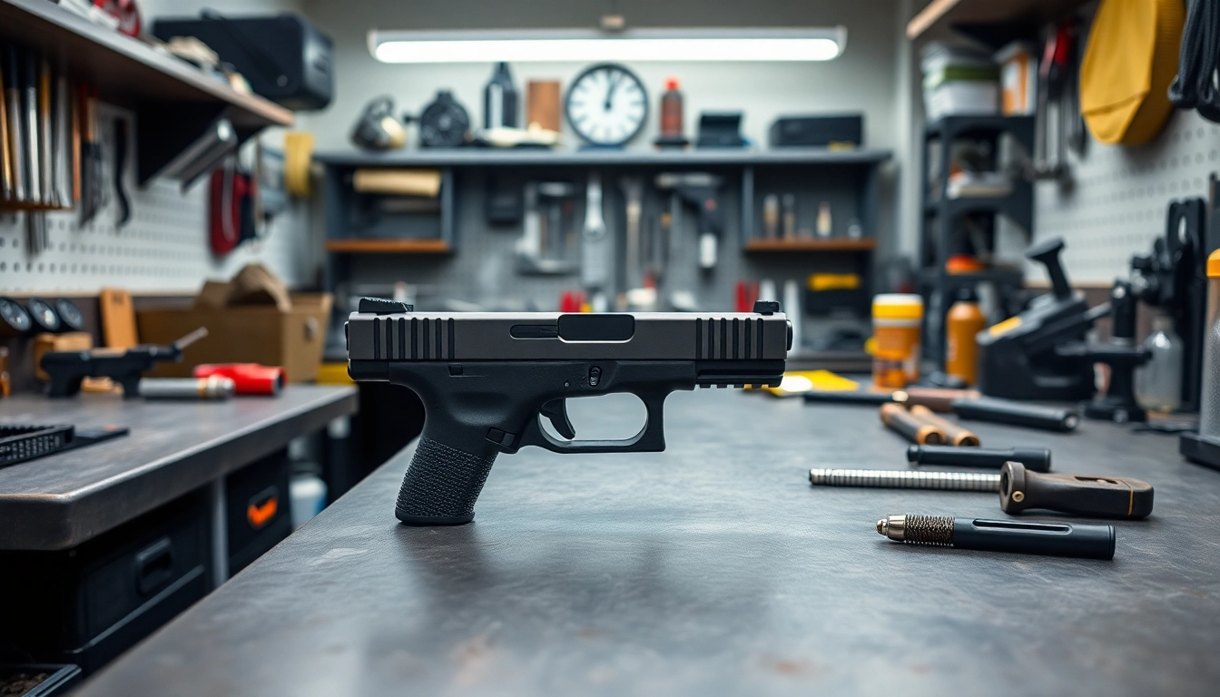 Showcase of glock 19 gen 5 mos slide with tools in a precision workshop setting.