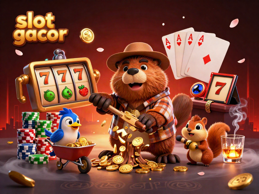 Slot gacor dengan beaver pemotong pohon yang menghasilkan koin emas dan karakter kasino lainnya.