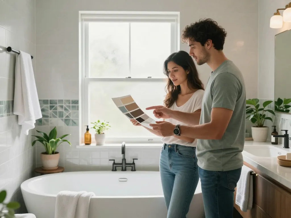 Bathroom remodelers collaborating on design choices in an elegant renovated bathroom with modern features.