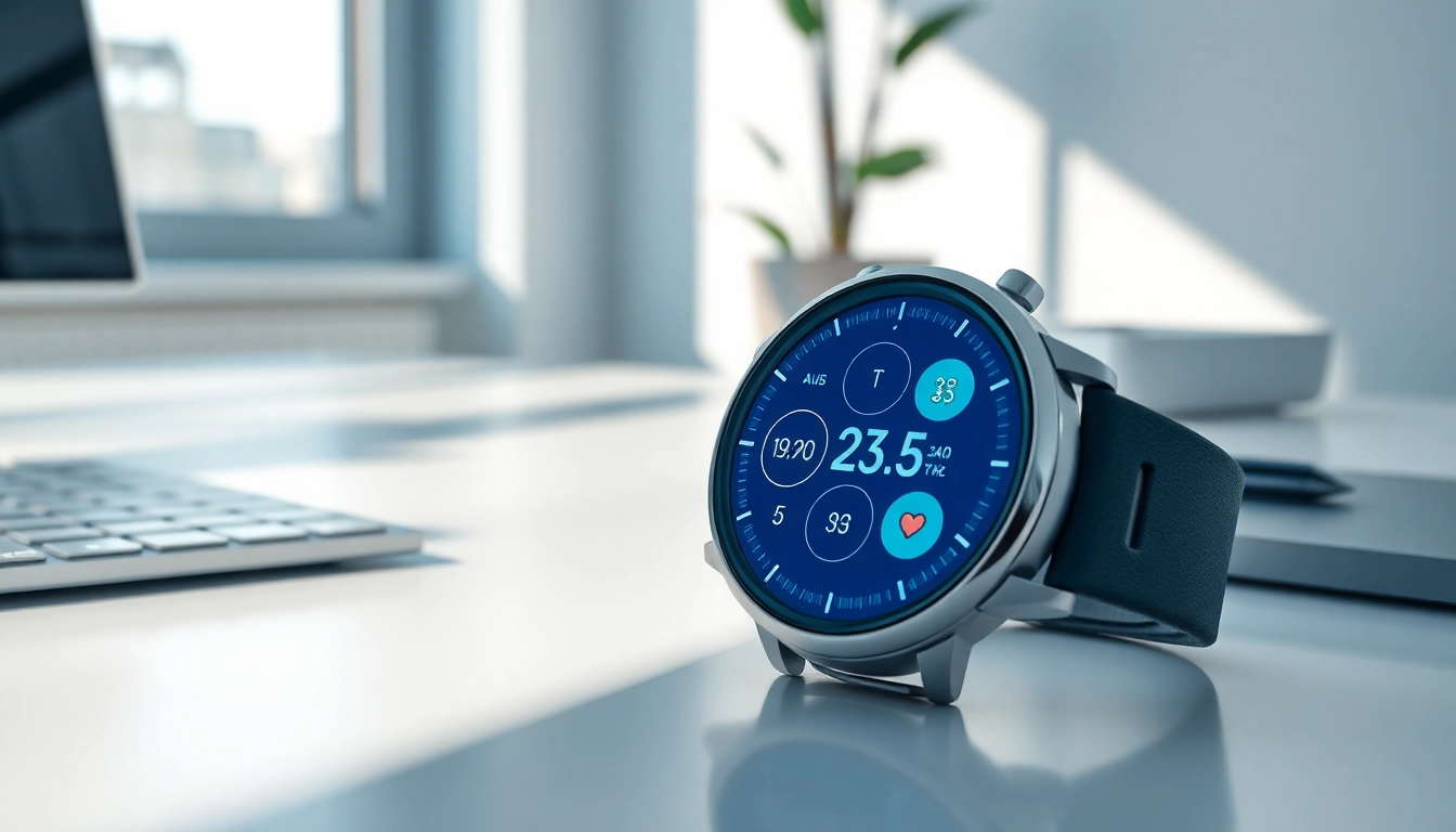 Pulse Smart Watch showing health metrics on a modern desk.