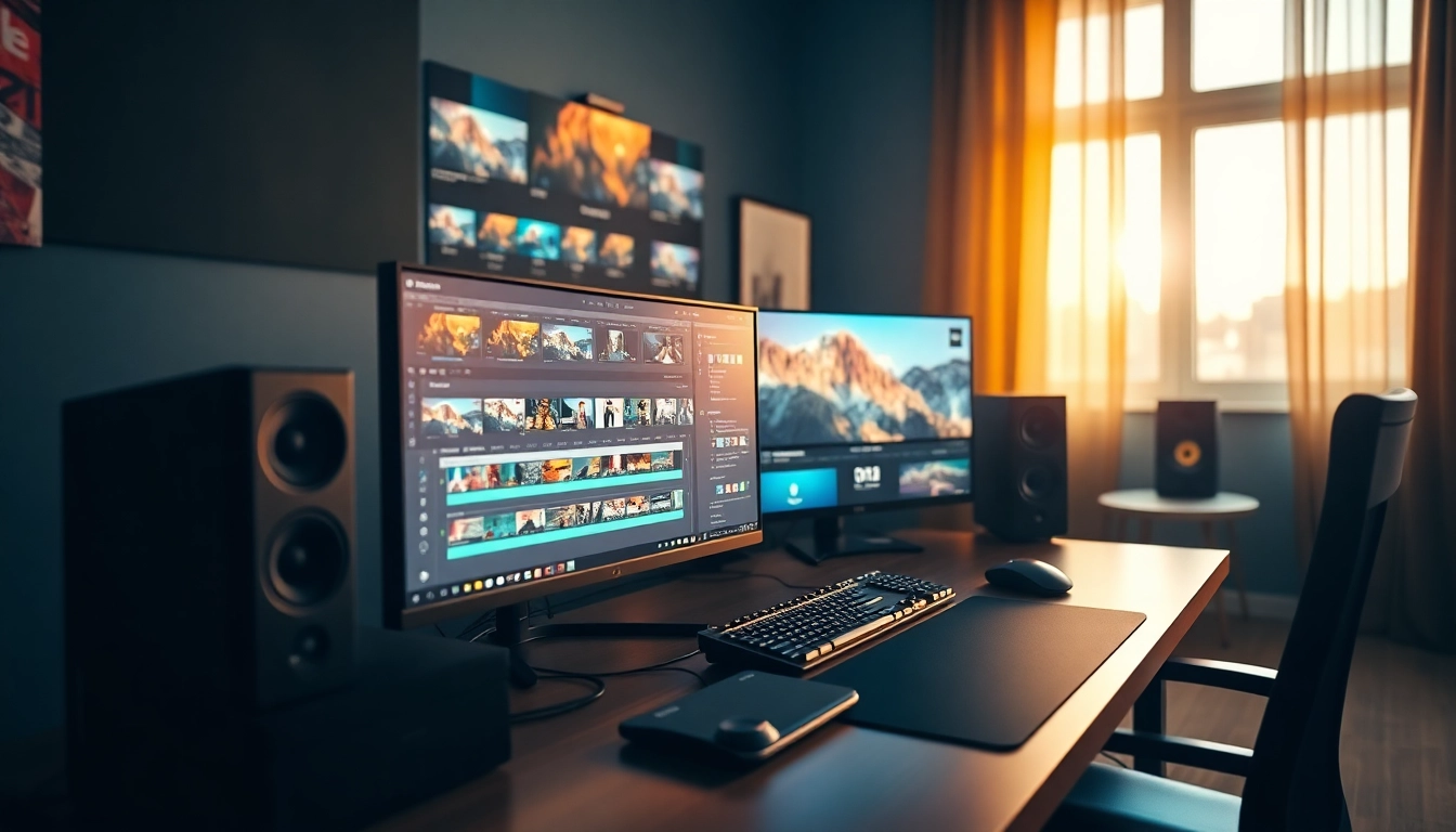 Showcase of post-production & editing workspace featuring dual monitors and editing software.