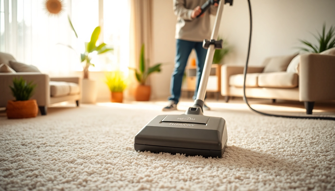 Experience carpet cleaning near me with a professional technician in a bright living room.