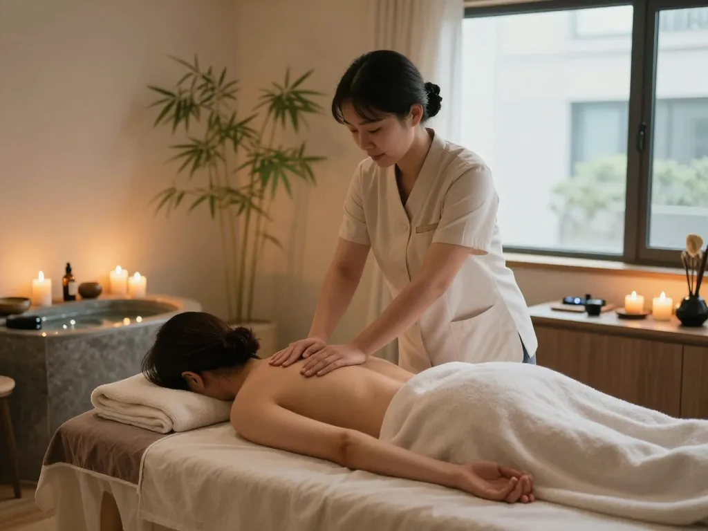 Relaxing massage scene featuring 잠실스웨디시 therapy in a tranquil spa room.