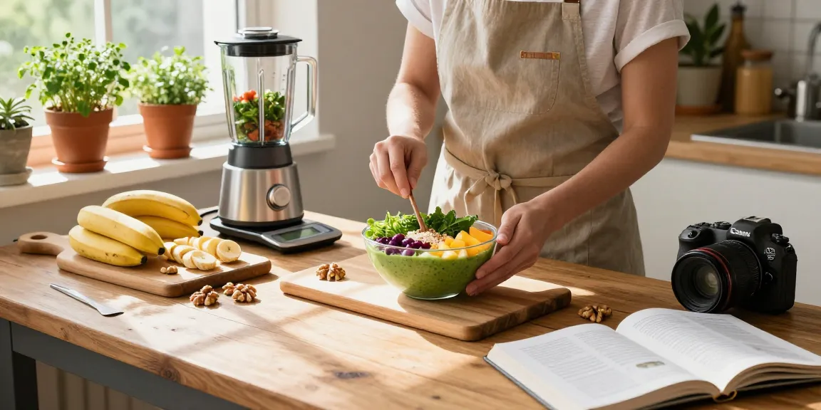 Explore the best nutrition app with a colorful smoothie bowl preparation in a bright kitchen.
