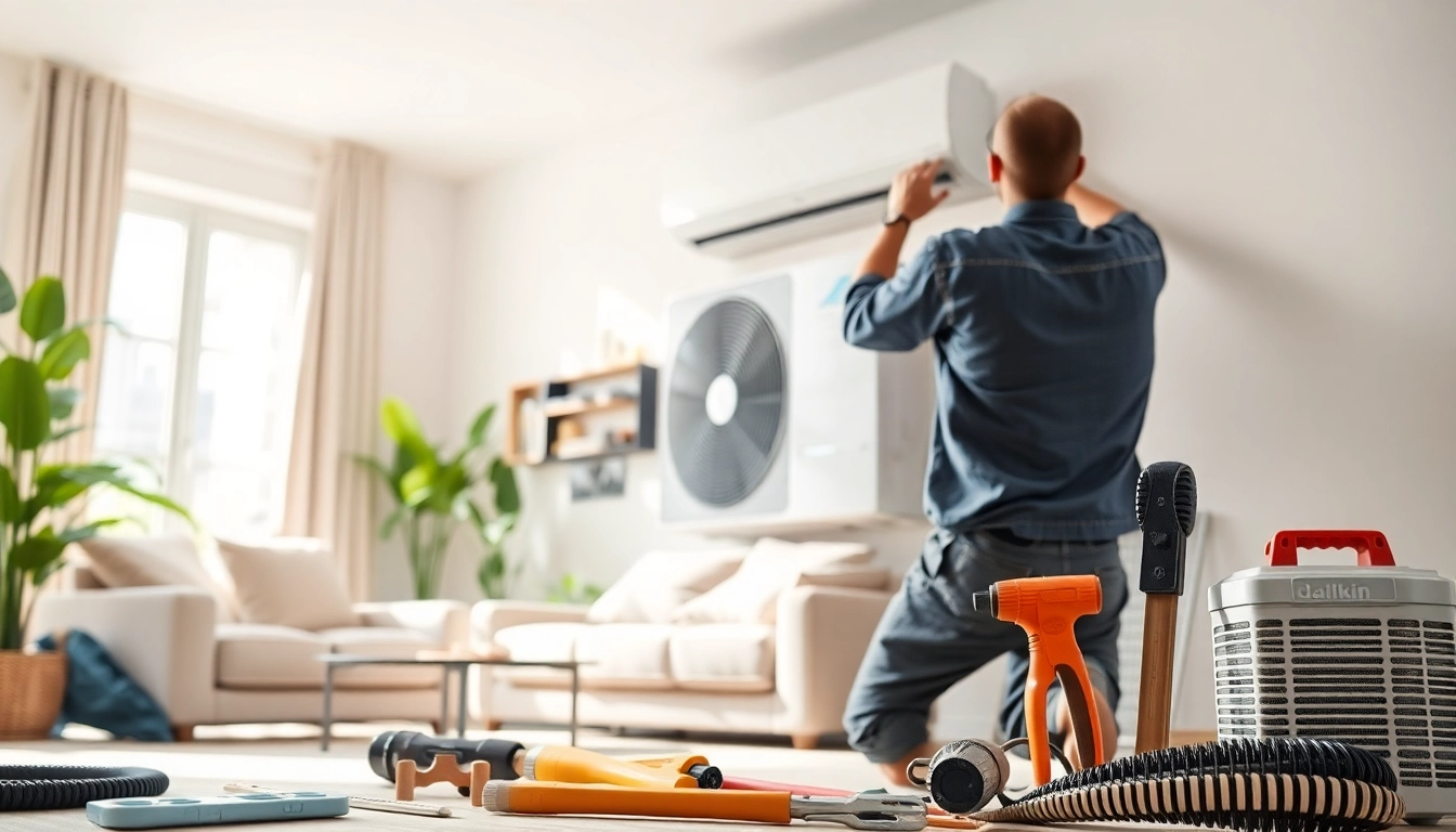 Install a daikin mini split ac unit in a stylish modern living room with natural light.