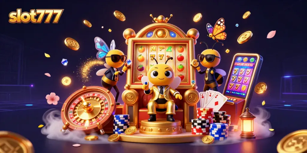 Bermain slot777 di mesin slot dengan simbol keberuntungan dan biaya jackpot yang mengalir.